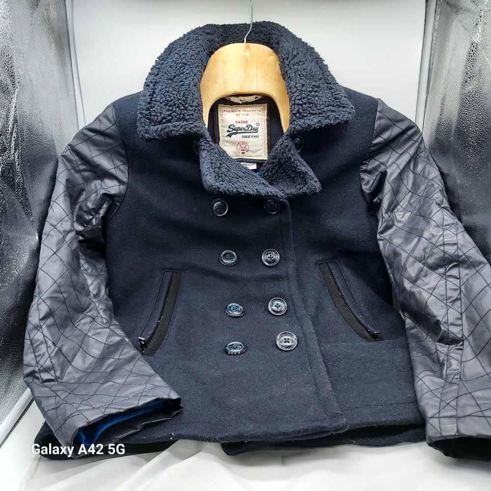 Superdry Premium Peacoat Navy Blue Heavyweight Wool Quilted Sleeves Mens Large